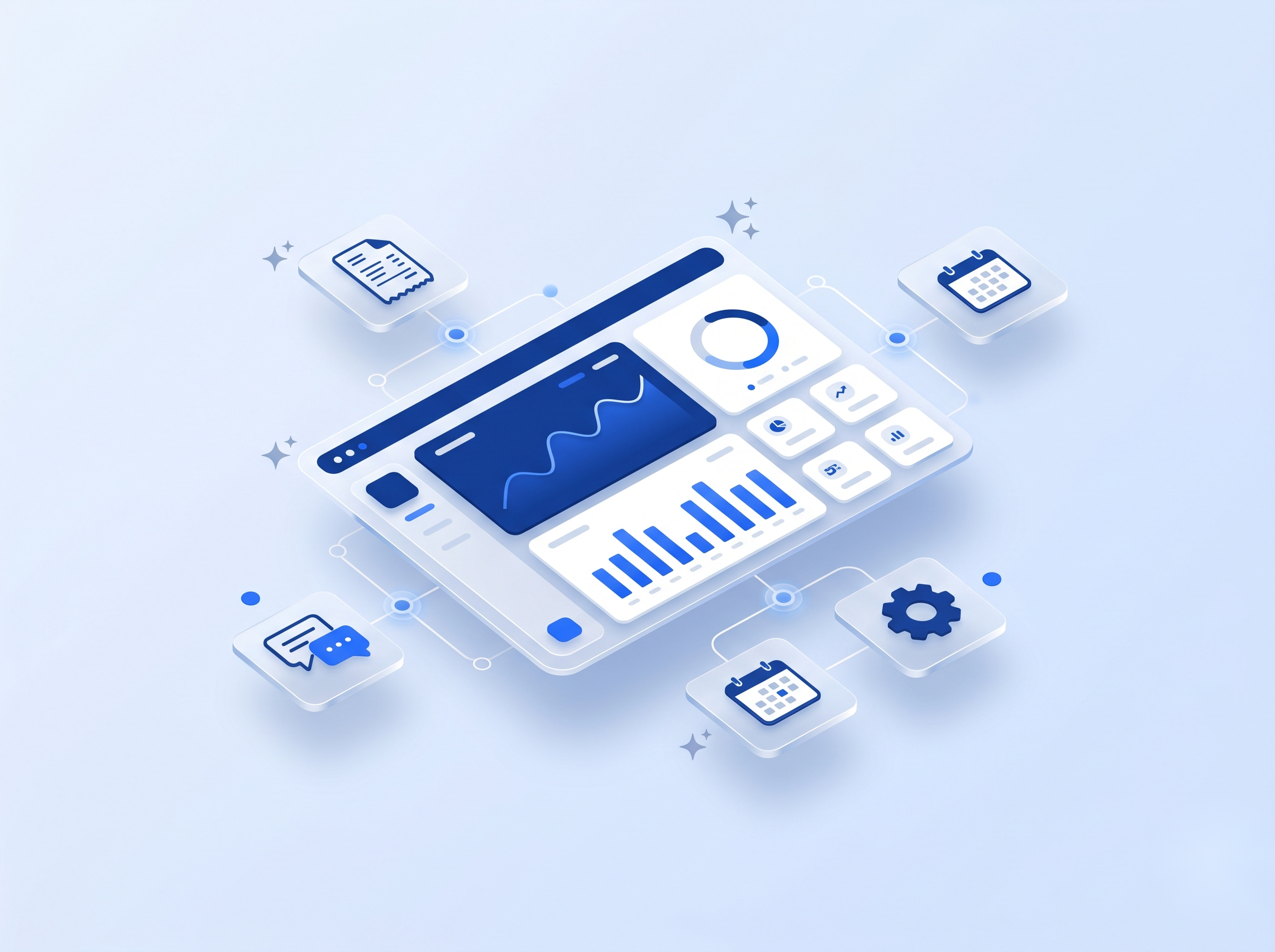 AI automation dashboard connected to invoices, chat, calendar, and workflow tasks